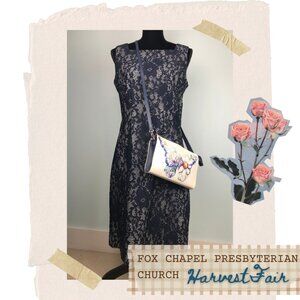 Etcetera Navy Floral Lace on Navy Gingham Sheath Dress, Size 8